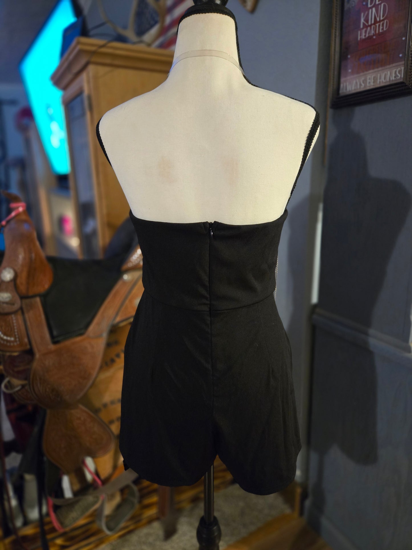 Black Bling Halter Shorts Romper